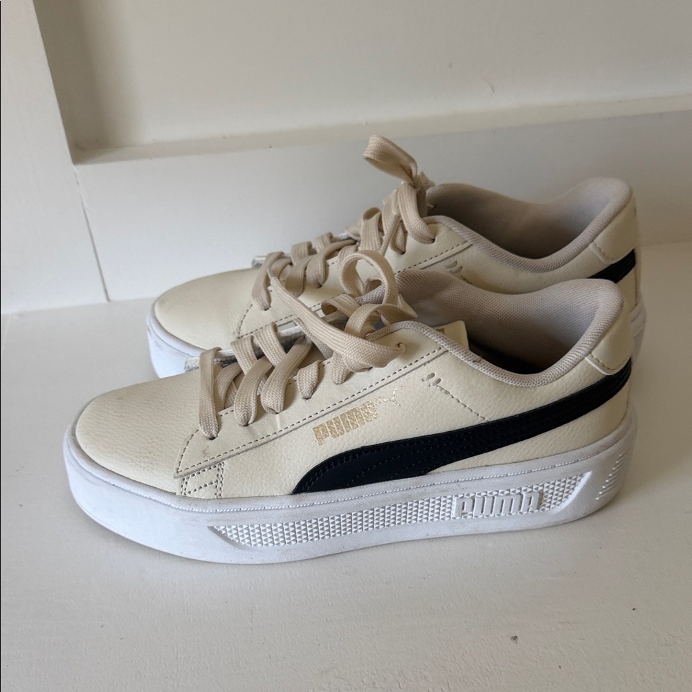 Puma Kids Beige Sneakers with Black Stripe